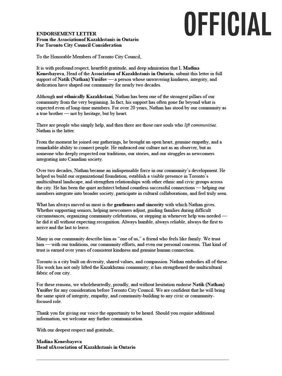 Madina Kenesbayeva Association of Kazakhstanis official endorsement Natik Nathan Yusifov